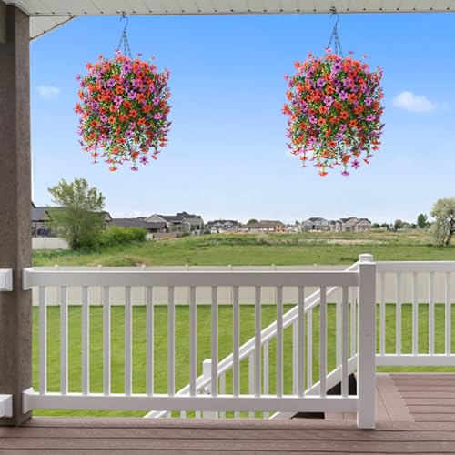 INQCMY Artificial Faux Hanging Flowers Plants Basket for Outdoor Outside Spring Decoration,UV Resistant Fake Silk Daisy in Planter Resistant Look Real for Home Porch Balcony Patio Yard Decor - color: Red Purple