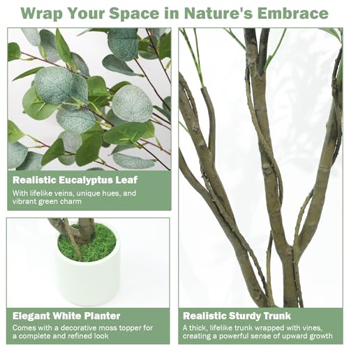 Caxchiling Artificial Eucalyptus Tree 6FT, Fake Tree for Indoor Outdoor, Lifelike Faux Large Floor Plants with Heavy Trunk with Vines and Moss Topper, Home Office Decor for Living Room Bedroom Doorway - color: Eucalyptus, size: 6ft