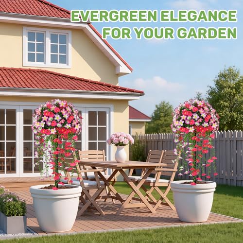 Grooy Artificial Plants Flowers Topiary Ball for Outdoor, 2 Pack Fake Silk Morning Glory Plant Bushes, UV Resistant Realistic Plants Shurbs for Outside,Front Porch,Patio,Yard(Pink) - color: Pink Morning Glory