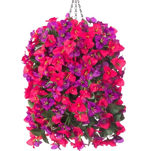 Artificial Bougainvillea Faux Flowers Plants Baskets for Outdoor Outside Decoration, 3PCS Fake Silk Flowers Long Trailing Vines UV Resistant Realistic for Front Door Porch Patio (PurpleHotpink) - color: Purplehotpink