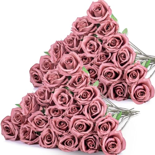 Hotop 40 Pcs Rose Artificial Flowers Bulk with Long Stem,Realistic Silk Fake Roses Bouquet for Home Wedding Centerpieces Party Table Decoration Valentines Gifts(Dusty) - color: Dusty