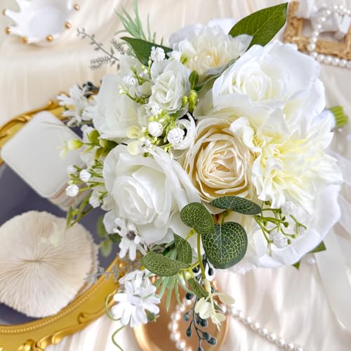 9 Inch Ivory White Wedding Bouquets for Bride Bridesmaid Champagne Rose Bridal Bouquet Artificial Fake Silk Cream Flowers Pearl Chains French Vintage Boho Rustic Church Decoration Toss Bouquet Prom - color: Ivory White
