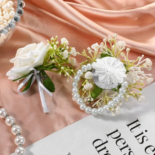 Tucnoeu 2pcs White Wrist corsages for Prom, Corsage Wristlet Band, Artificial Boutonniere and Corsage Set, for Prom Decor Wedding Party Flower Accessories - color: White