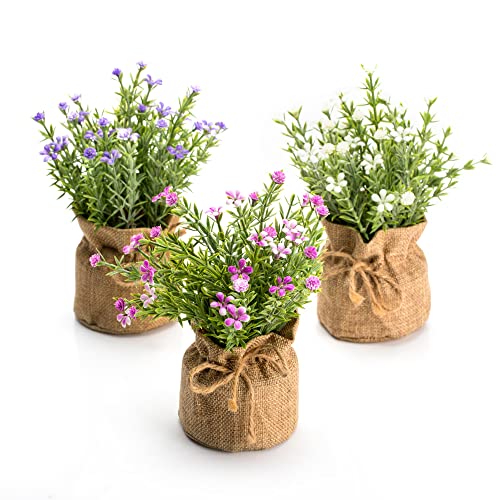 Velener Babys Breath Artificial Flowers in Small Burlap Bag Vases 3Pcs -Gypsophila Faux Flowers Farmhouse Home Coffee Table Bookshelf Office Desk Decorations Kitchen Dining Room Fake Plants Indoor - color: White/Purple/Pink