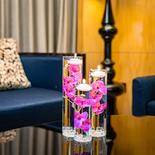 Floating Flower for Table Centerpiece Artificial Light Purple Orchid Glass Cylinder Vase Set with Floating Candles Fake Ice Cubes for Wedding Party Home Bar Restaurant Festival Decoration - color: Purple