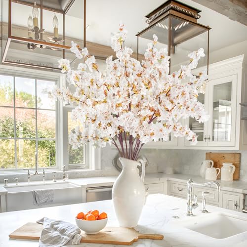 12 Pcs Artificial Cherry Blossom Flowers 40" Faux Silk Cherry Blossom Stems Fake Real Touch Peach Branches for Wedding Home Garden Japanese Decor Ivory White - color: Ivory White