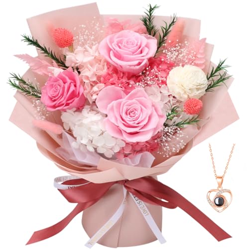 Casaido Preserved Flowers for Delivery, Mothers Day Pink Flower Bouquets with Necklace, Forever Real Roses Anniversary Birthday Valentines Day Christmas Rose Gifts for Women Mom Wife Girlfriend - color: Pink