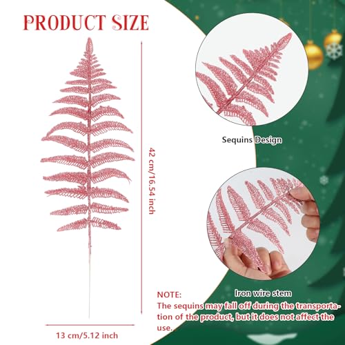 MWOOT 16 PCS Christmas Artificial Fern Bush Leaf, Pink Glitter Faux Plants Leaves for Centerpieces, Fake Christmas Tree Picks for DIY Garland Wreath Wedding Bouquet Table Home Garden Décor
