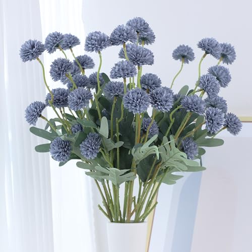 LVEFIT 10 Pcs Dusty Blue Kiku Flower Fake Mums Long Stem Flowers,Faux Kiku Flower Bulk,Silk Flowers Mini Chrysanthemum Floral Arrangements,Artificial Flowers Chrysanth Mini Fake Flower - color: Dusty Blue