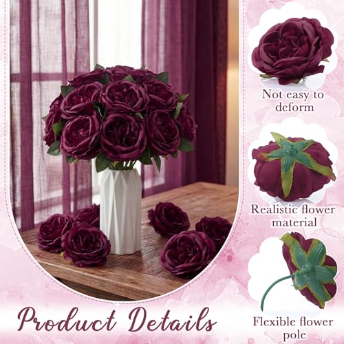 Suncalla 80 Pack Austin Rose Peonies, 3.94 Inch Artificial Flowers Heads Bulk with Stems Leaves for Arrangement Wedding Centerpiece Banquets Party Home Kitchen Decor DIY(Burgundy) - color: Burgundy