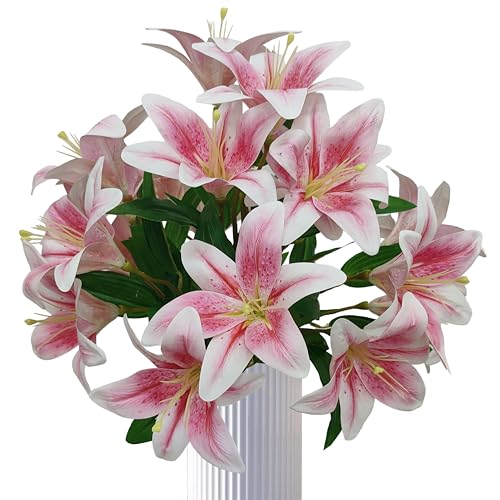 Artificial Light Pink Lilies Flowers,10Pcs Faux Lily Flower,20''Tiger Lily Branch with 2 Full Blooms, Faux Fake Lilies Plants for Wedding Bouquet Home Party Indoor Floral Arrangements - color: Light Pink