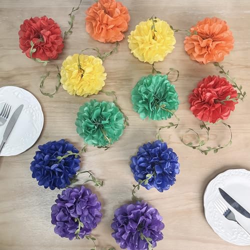 Rainbow Party Decorations Colorful Tissue Paper Flowers Pom Pom with Leaf Ribbon Hanging Garland Streamer for Multi-color Birthday Baby Shower Wedding Carnival Clown Fiesta Festival Party Supplies - color: Rainbow