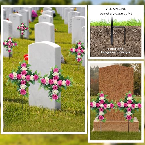Artificial Cemetery Flowers,Set of 2 Faux Floral Cross,Artificial Rose Bouquet Decoration for Cemetery Headstones Gravesites,Silk Flowers for Long-Lasting Remembrance (Pink) - color: Pink