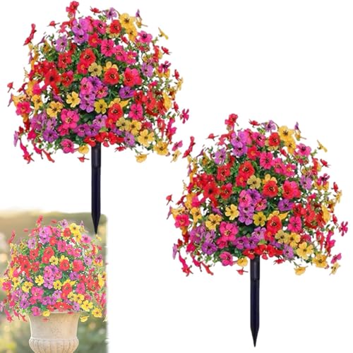 Artificial Petunias with Ground Stake - UV Resistant & Waterproof Faux Flowers for Outdoor Indoor Garden, Yard, Planter, Porch & Home Decor (2pcs) - color: Colorful 2pcs