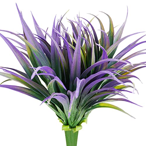 6Pcs Artificial Grass Fake Plants 17.3in Outdoor Plants UV Resistant Faux Greenery Stems Fake Grass for Home Window Garden Office Patio Pathway Front Porch Halloween Décor Green & Purple - color: Green & Purple, size: 6 Pcs