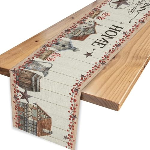 Farmhouse Table Runner, Rustic Western Texas Star Berries Cowboy Wooden Plank Barn Country Retro Coffee Table Center Decor for Family Kitchen Outdoor Farmhouse Holiday Party Table Decorations, 13"x36" - color: Texas-8, size: 13“ X 36"