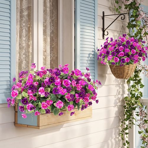 Artificial Flowers for Outdoors, 6 Bundles Silk Fake Hibiscus Flowers for Spring Summer Decoration, UV Resistant Fake Plants Plastic Bouquet for Home Planter Porch Patio Yard Decor(Light Purple Red) - color: A-light Purple Red