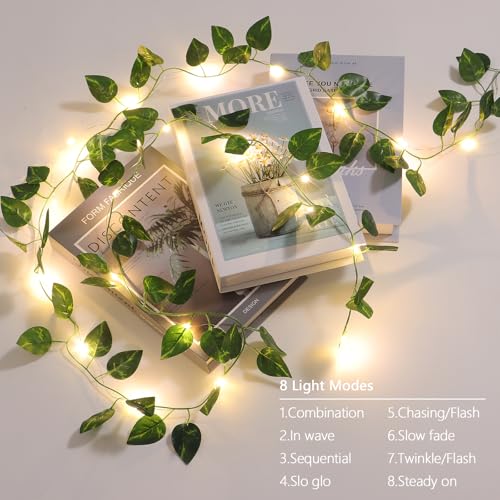 Vines with Lights Battery Operated, 6.56ft 20 LED Pothos with Fairy Lights, Leaf Lights with 8 Modes, Fake Vines Ivy String Lights for Bedroom, Wall, Room, Garden, Party Decor, 1 Pack - color: Pothos, size: 1 PACK x 6.56 FT