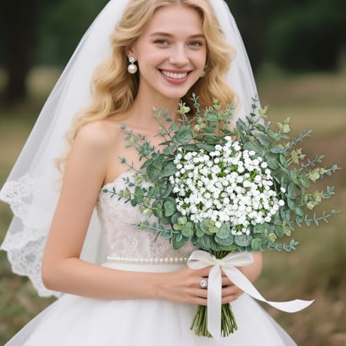 100PCS Artificial Eucalyptus Stems with Fake Baby's Breath Flowers Bulk, 3 Kinds Mixed Faux Silver Dollar Eucalyptus Leaves Greenery Stems for Wedding DIY Bouquets Floral Wreath Home Decor