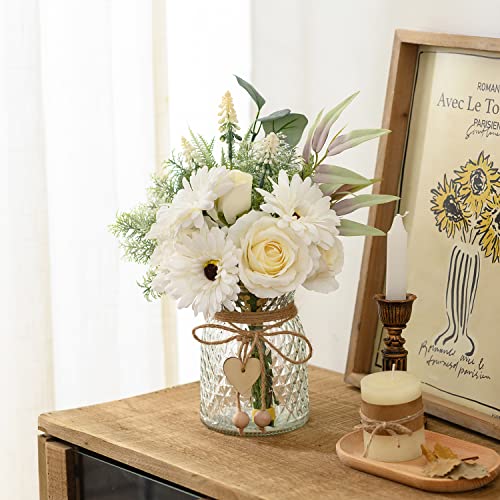 Artificial White Flowers with Vase, Fake Flowers Arrangement for Home Decor, Faux Flowers for Farmhouse Coffee Table Decor, House Kitchen Centerpiece Table Decorations - color: Milky White