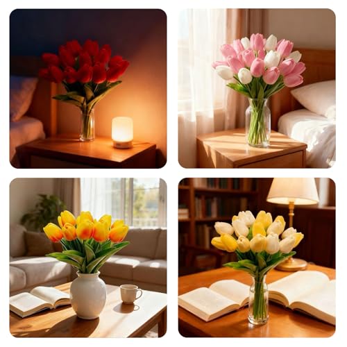 20 Pcs Tulips Artificial Flowers, 13.5'' Real Touch PU Fake Flowers Bouquet for Home Party, Spring Wedding Floral Arrangement, Valentine's, Easter and Mother's Day Decor (Cream Red) - color: Cream Red