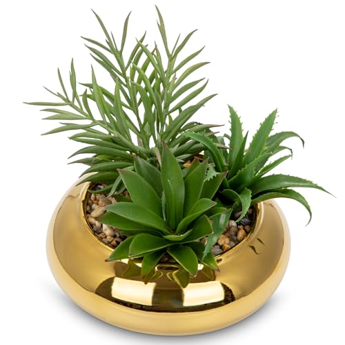 Hollyone Large Artificial Succulents Plants Faux Succulents with Gold Pots Fake Succulent Potted Plants in Ceramic Pot for Home Decor Office Desk Bathroom Living Room Indoor & Outdoor Decorations - color: 1pack - Gold Ceramic