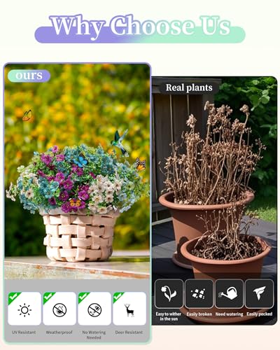 Artificial Flowers for Outdoor Decor, 16 Pack UV-Resistant Fake Colorful Silk Daisy Flowers, Perfect for Spring & Summer Decorating – Front Porch, Patio, Window Boxes, and Potted Plants - color: Mixed Color2(green,teal,purple,blue,champagne)