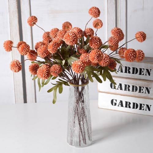 6pcs Pompon Mum Artificial Flower,Faux Silk Mini Chrysanth with Stems,for DIY Bouquet Centerpieces Office Wedding Decoration (Burnt Orange) - color: Burnt Orange