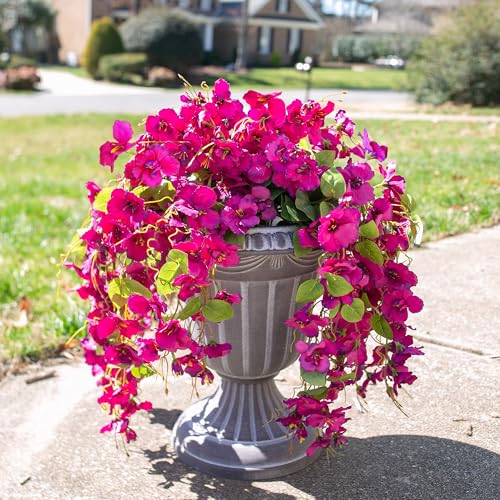 Fake Hibiscus Artificial Hanging Flowers Plants for Outdoors Spring Decoration, 4pcs Silk Hibiscus Vines Realistic UV Resistant Faux Flowers for Outside Planter Porch Patio Yard Wedding Party, Fuchsia - color: Fuchsia, size: 4 pcs