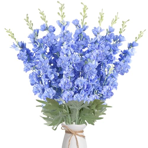 16Pcs Blue Delphinium Artificial Flowers 33.5'' Long Stem Larkspur Faux Silk Flower Bulk for Tall Floor Vase Outdoors Arrangements Home Garden Wedding Decor (Blue) - color: Deep Blue