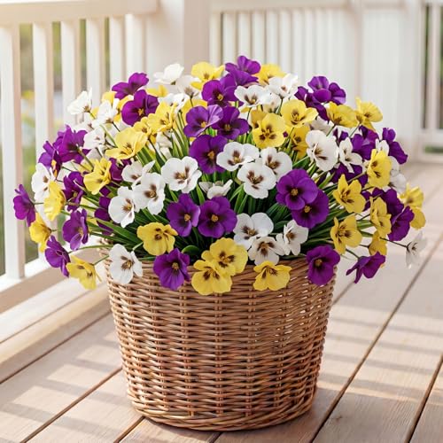 HUITEM 24 Pcs Artificial Flowers for Outdoors, Fake Pansy Uv Resistant Silk Faux Outdoor Flowers, Spring Flowers for Planter Front Door Porch Yard Patio Window Box Home Decor (3 Color) - color: 3 Color