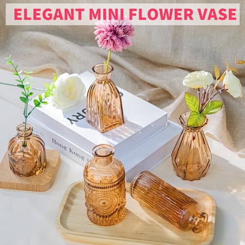 Gold Amber Glass Bud Vase Set of 12, Small Vintage Flower Bottle Petite Glass Flower Vase for Floral Arrangements, Decorative Centerpiece,Table Decor,Home Wedding Party - color: Amber