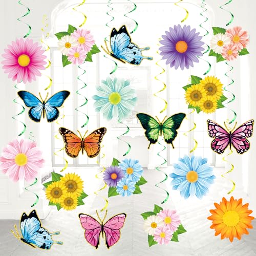 64 Pcs Flower Hanging Swirl Decorations Spring Flower Butterfly Hanging Swirl Ceiling Wall Decor Colorful Flowers Butterfly Cutouts for Spring Summer Baby Shower Wedding Birthday Party Decorations