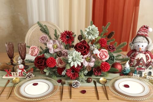YYHUAWU Artificial Christmas Flowers Combo Box Set Fake Flowers Leaf with Stems for DIY Tree Ornaments Xmas Wreath Floral Arrangements Centerpieces - color: Chrismas Pink＆red