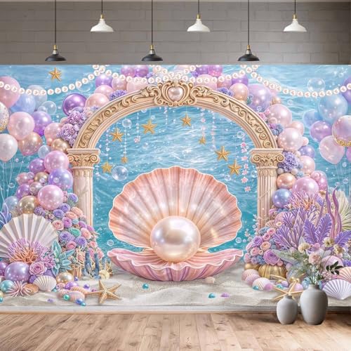 5X3ft Under The Sea Backdrop Starfish Coral Pearl Shells Ocean Princess Party Photography Background Baby Shower Wedding Birthday Party Cake Table Decor Photo Booth Studio Wall Decor Banner - color: Multi10, size: 5X3FT