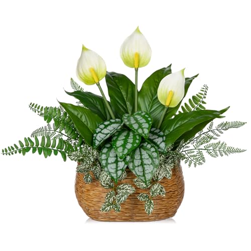Fake Plants 15" Artificial Potted Plant Assorted Faux Plants in Pot Silk Plants Artificial Plants Indoor for Home Living Room Bedroom Bathroom Office Desk Table Centerpieces Shelf Greenery Decor - color: Woven Pot
