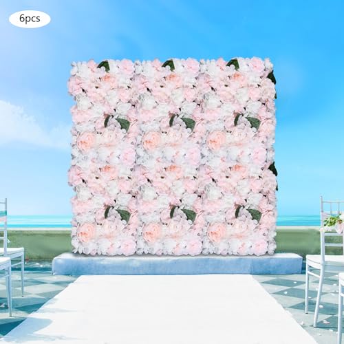 Flower Wall Panel Floral Backdrop, 6 Pcs Flower Wall Decor, 24" X 16" Silk Rose Wall, Artificial Flower Wall Backdrop Faux Flower Panel for Wedding, Party, Home (White+Champagne) - color: White+champagne