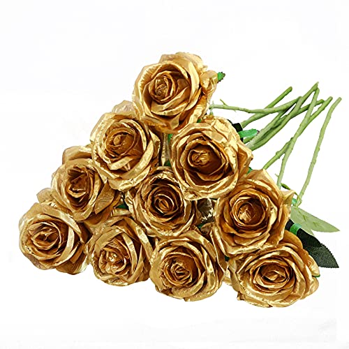 Nubry Artificial Silk Rose Flower Bouquet Lifelike Fake Rose for Wedding Home Party Decoration Event Gift 10pcs (Gold) - color: Gold