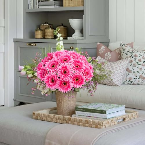 20 Pcs Fake Silk Gerbera Daisy Artificial Flowers with Stems Faux Daisies Flower Bulk for DIY Art Crafts Home Wedding Party Vase Centerpieces Tables Garland Wreath Decoration (Pink) - color: Pink