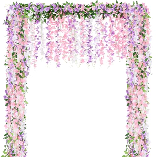 Thiccywoov 4pcs Wisteria Artificial Flowers Garland, 7.2Ft/Piece Wisteria Hanging Flowers Garland for Wedding Arch Decoration Outdoor Ceremony Home Backdrop Garden (Light Purple,White,Light Pink) - color: Light Purple, White, Light Pink