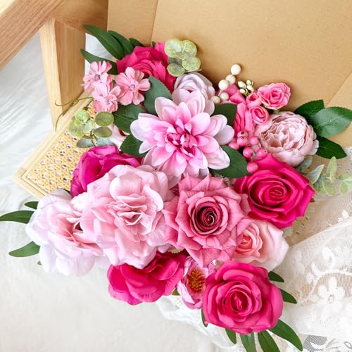 Fuschia Silk Artificial Flowers Combo Box Set Hot Pink Roses Flowers Dahlia DIY Bridal Wedding Bouquets Cake Boho Fake Floral with Stems Arrangements Baby Shower Party Table Centerpieces Decor Bulks - color: Hot Pink