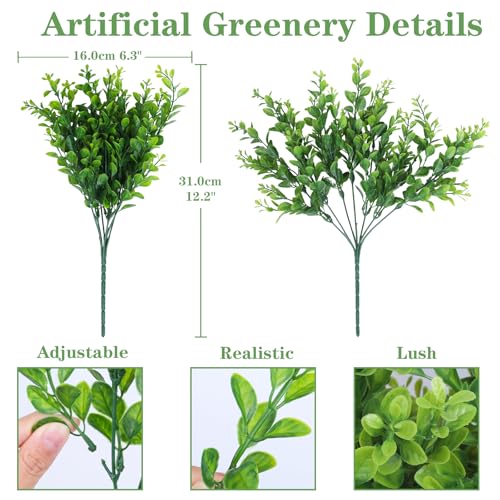 20 Bundles Artificial Plants Fake Greenery for Outdoor Spring Summer Decoration, UV Resistant Realistic Faux Shrubs Stems No Fade Plastic Boxwood for Planter Garden Patio Balcony Porch Backyard Indoor - color: Green 20