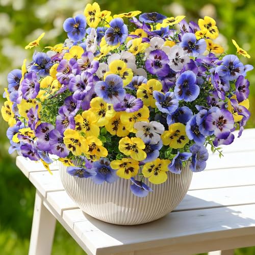 Alupssuc 24 Bundles Artificial Flowers for Outdoors, Fake Spring Flowers for Decoration, UV Resistant Realistic Pansies with Eucalyptus Silk Faux Flowers for Porch Patio Yard, 4 Mix Colors - color: Gradient Purple, Gradient Blue, Yellow, White