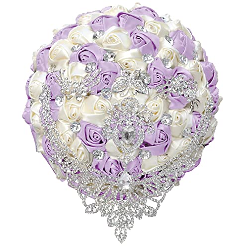 Handmade Luxury Wedding Bridal Bouquet Large Silk Rose Holding Toss Artificial Flowers Bouquets with Satin Ribbon Pearls Rhinestone for Bride Vintage Royal Wedding Bouquet (Light Purple+ Ivory) - color: Light Purple+ Ivory