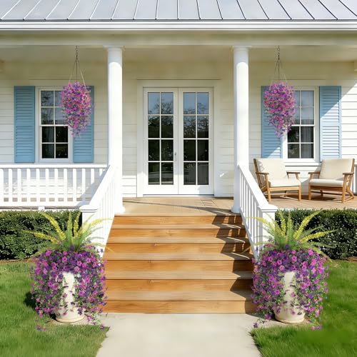 Artificial Fake Hanging Flowers Plants for Outdoor Spring Decoration,3 PCS Faux Silk Daisy with Boston Ferns,UV Resistant Look Real for Outside Home Indoor Planter Porch Patio Balcony Yard Decor - color: Dark Purple Light Purple