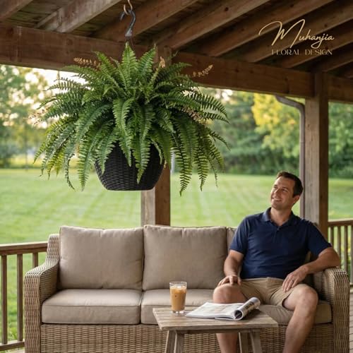 Muhanjia 56” Silky Artificial Boston Fern, 128 Fronds Large Hanging Plants for Outside Planter,Bush Floor Plants Large for Home Decor Porch Patio Garden Indoor Outdoor (JY-128Fronds1PcsGreen) - color: Jy-128fronds1pcsgreen