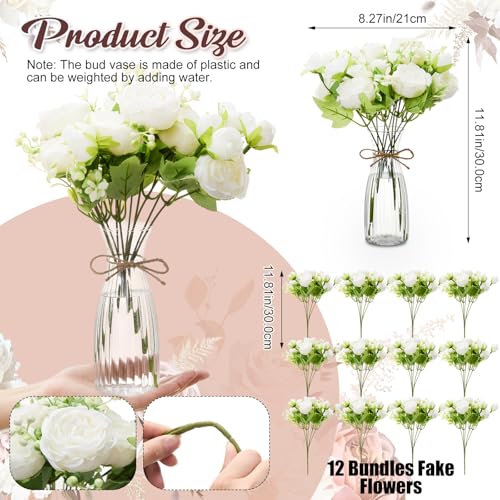 Thiccywoov 19 Pack Artificial Peony Flowers with Vase Bulk, 12 Bundles Faux Peony Bouquet 6 Vase with 1 Rope Silk Flower Arrangement Wedding Table Centerpiece for Wedding Bridal Shower(White) - color: White