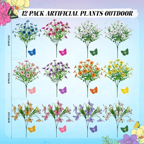 Der Rose 12Pcs Artificial Flowers for Outdoors with Large Fake Butterfly Flowers, Colorful Faux Flowers UV Resistant Outdoor Plants for Porch Patio Garden Window Box Outside Decor - color: Colorful D