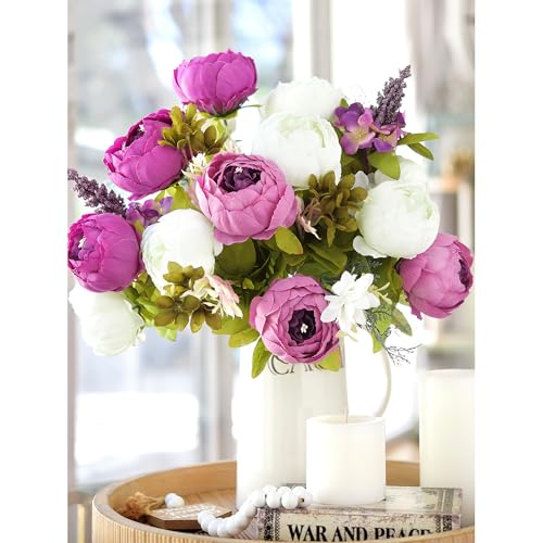 FiveSeasonStuff Vintage Artificial Peonies Silk Peony Flowers and Hydrangeas for Wedding Bridal Home Décor – Beautiful Floral Centerpiece Arrangement with 2 Bouquets (Bloom Purple and White Mix) - color: Vintage Bloom