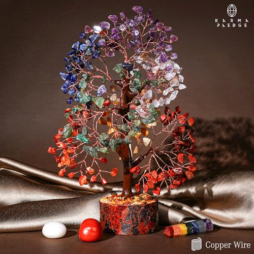 KARMAPLEDGE 7 Chakra Tree of Life for Manifestation Unique Birthday Gifts for Women, Men, Friends, Handmade Home Decor Healing Crystal Tree for Money, Good Luck, for Her, Mom & Dad - color: Wooden Base 7 Chakra Manifestation Tree Copper